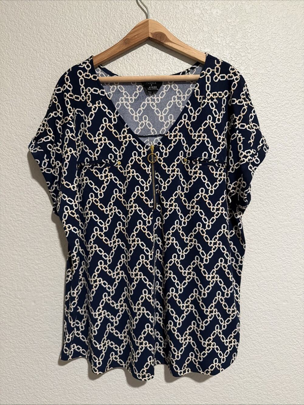 NEW Boutique Popover Blouse Top 3XL Roll Tab Short Sleeve Jersey Career Navy